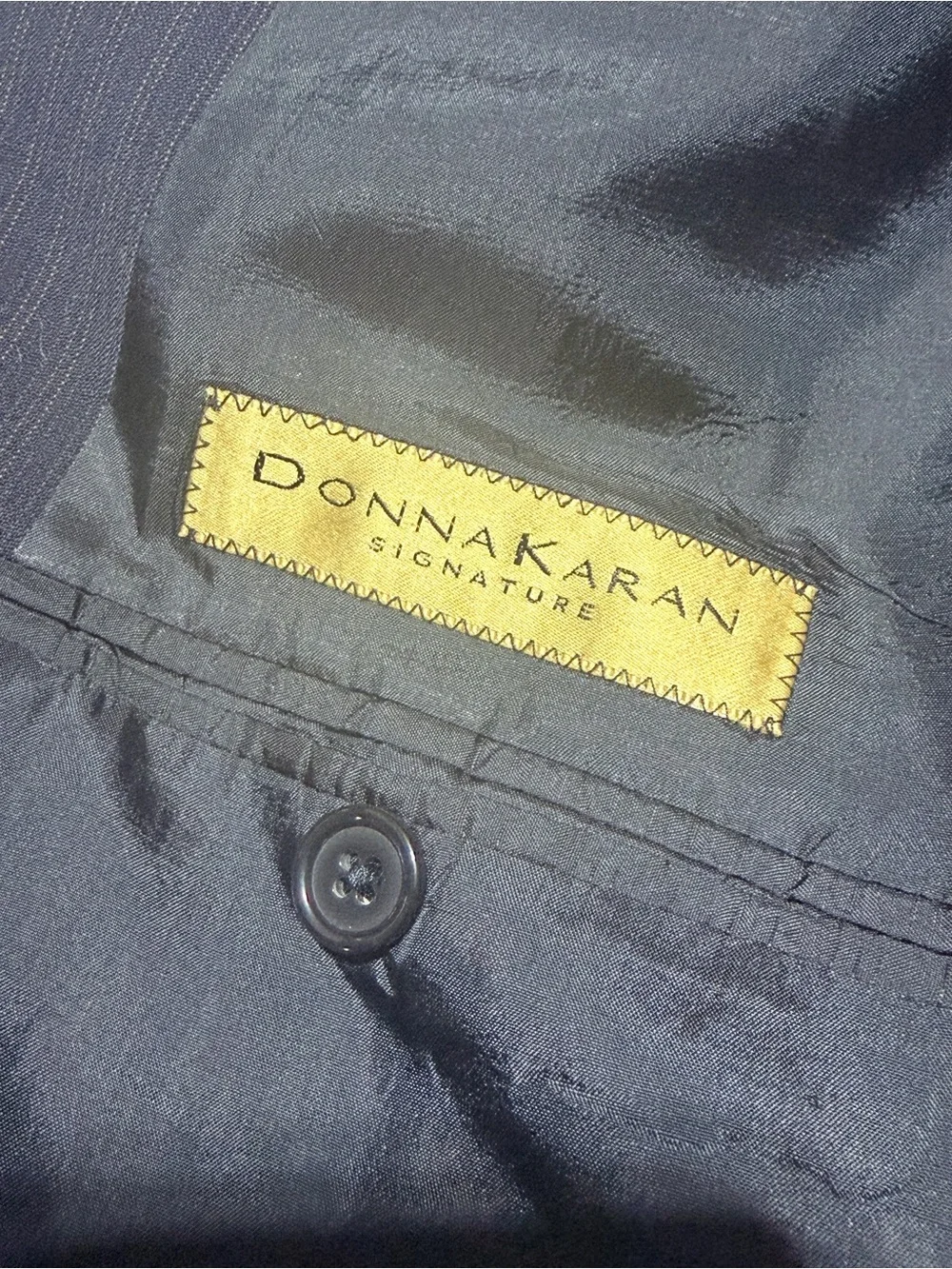 Donna Karan 100% Wool Blazer Sport Coat Italian Men’s 44L Navy Pinstripe
